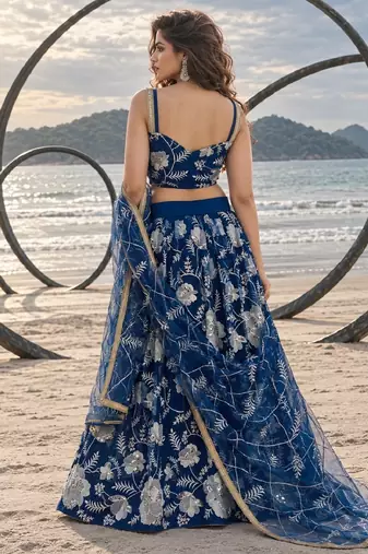 BLUE NET THREAD WITH ZARI AND SEQUINCE WORK FESTIVE LEHENGA CHOLI SET FOR WOMEN'S