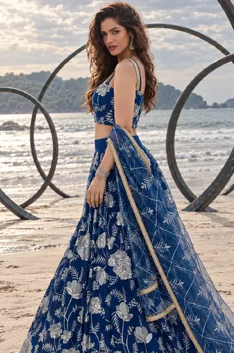 BLUE NET THREAD WITH ZARI AND SEQUINCE WORK FESTIVE LEHENGA CHOLI SET FOR WOMEN'S