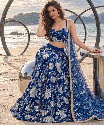 BLUE NET THREAD WITH ZARI AND SEQUINCE WORK FESTIVE LEHENGA CHOLI SET FOR WOMEN'S 4