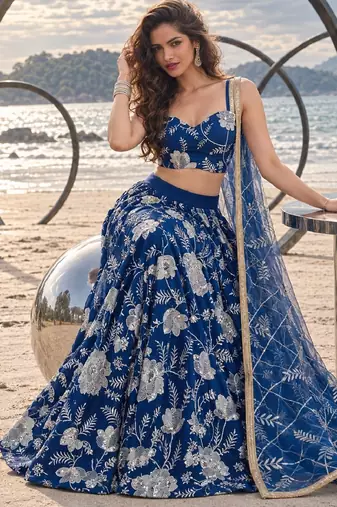 BLUE NET THREAD WITH ZARI AND SEQUINCE WORK FESTIVE LEHENGA CHOLI SET FOR WOMEN'S
