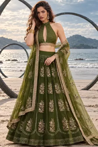 MEHENDI NET THREAD WITH ZARI AND SEQUINCE WORK FESTIVE LEHENGA CHOLI SET FOR WOMEN'S
