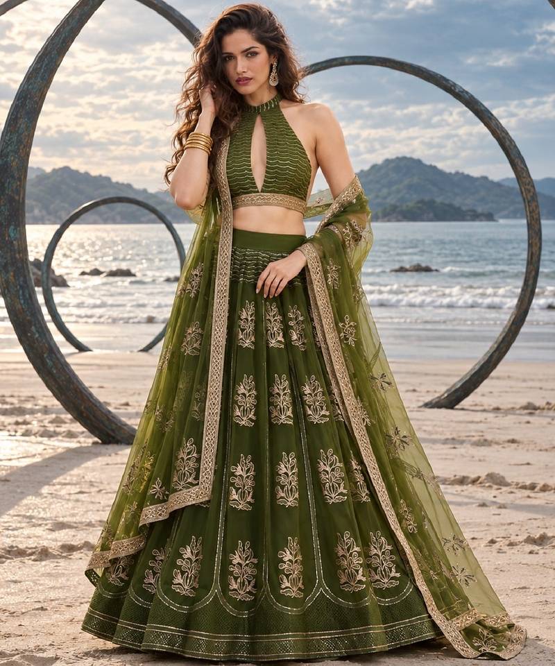 MEHENDI NET THREAD WITH ZARI AND SEQUINCE WORK FESTIVE LEHENGA CHOLI SET FOR WOMEN'S