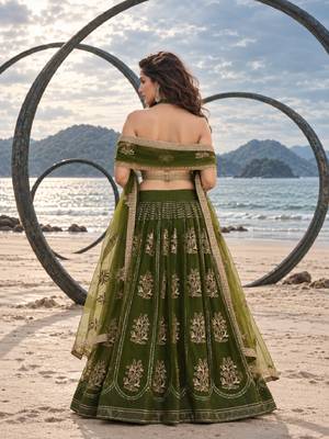 MEHENDI NET THREAD WITH ZARI AND SEQUINCE WORK FESTIVE LEHENGA CHOLI SET FOR WOMEN'S 2