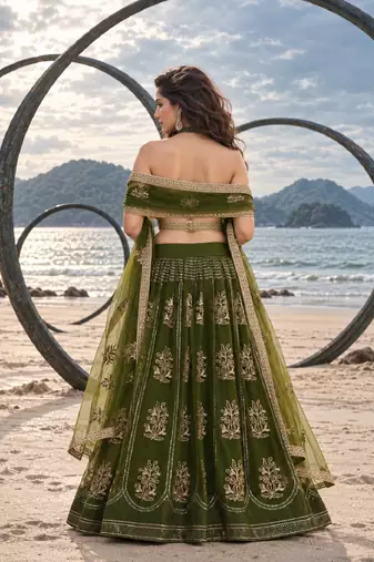 MEHENDI NET THREAD WITH ZARI AND SEQUINCE WORK FESTIVE LEHENGA CHOLI SET FOR WOMEN'S