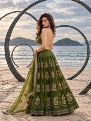 MEHENDI NET THREAD WITH ZARI AND SEQUINCE WORK FESTIVE LEHENGA CHOLI SET FOR WOMEN'S 3
