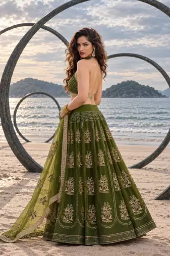 MEHENDI NET THREAD WITH ZARI AND SEQUINCE WORK FESTIVE LEHENGA CHOLI SET FOR WOMEN'S