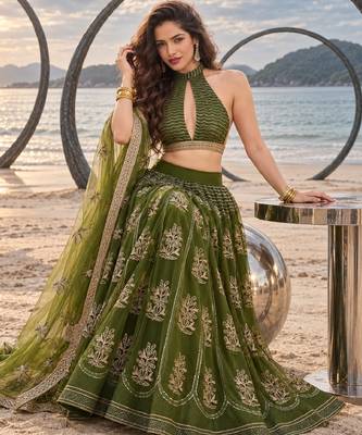MEHENDI NET THREAD WITH ZARI AND SEQUINCE WORK FESTIVE LEHENGA CHOLI SET FOR WOMEN'S 4