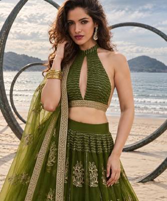 MEHENDI NET THREAD WITH ZARI AND SEQUINCE WORK FESTIVE LEHENGA CHOLI SET FOR WOMEN'S 5