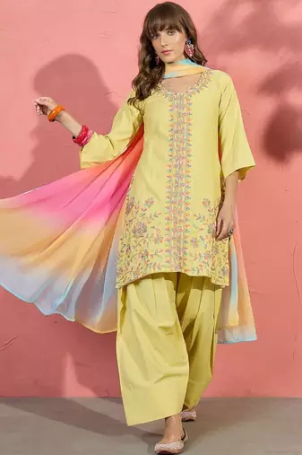 women floral embroidered thread work kurta with farshi salwar and dupatta