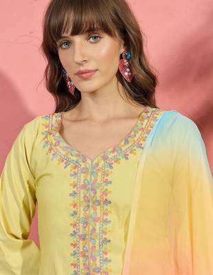 women floral embroidered thread work kurta with farshi salwar and dupatta 2