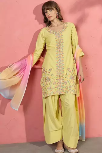 women floral embroidered thread work kurta with farshi salwar and dupatta