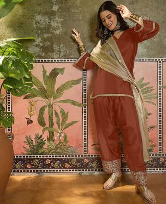 women cotton embroidered straight kurta and farshi salwar with dupatta set 1