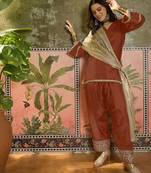 women cotton embroidered straight kurta and farshi salwar with dupatta set