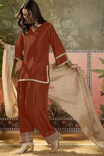 women cotton embroidered straight kurta and farshi salwar with dupatta set