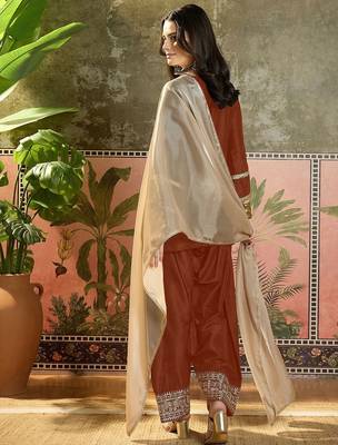 women cotton embroidered straight kurta and farshi salwar with dupatta set 4