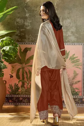 women cotton embroidered straight kurta and farshi salwar with dupatta set
