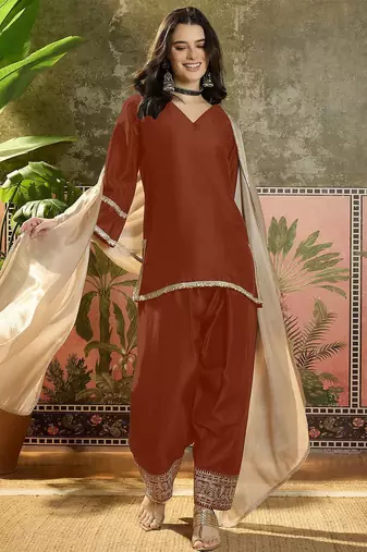 women cotton embroidered straight kurta and farshi salwar with dupatta set