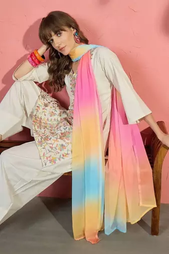 women floral embroidered thread work kurta with farshi salwar and dupatta