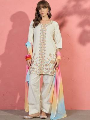 women floral embroidered thread work kurta with farshi salwar and dupatta 3