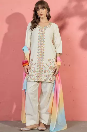 women floral embroidered thread work kurta with farshi salwar and dupatta