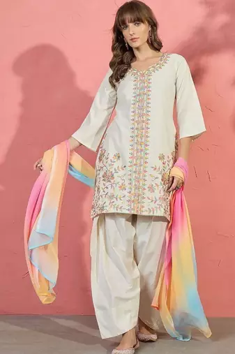 women floral embroidered thread work kurta with farshi salwar and dupatta