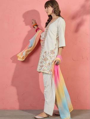 women floral embroidered thread work kurta with farshi salwar and dupatta 5