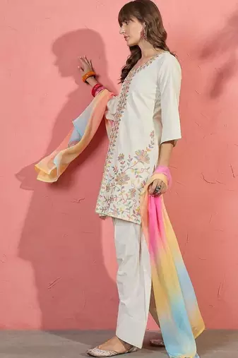 women floral embroidered thread work kurta with farshi salwar and dupatta