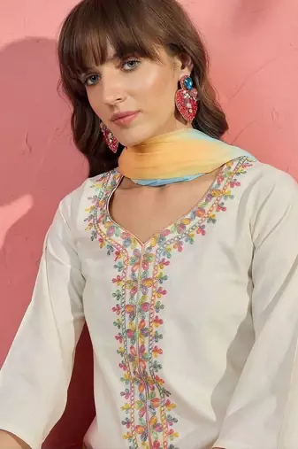 women floral embroidered thread work kurta with farshi salwar and dupatta
