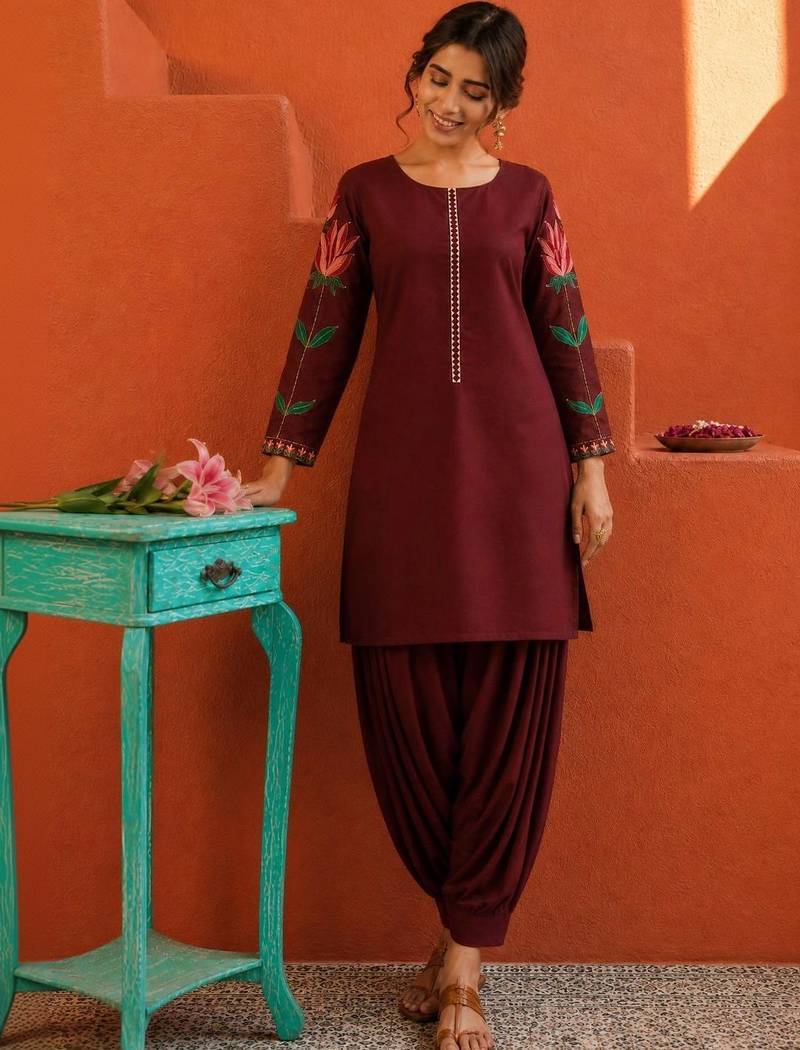 women floral embroidered regular thread work kurta with patiala