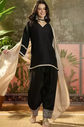 women cotton embroidered straight kurta and farshi salwar with dupatta set