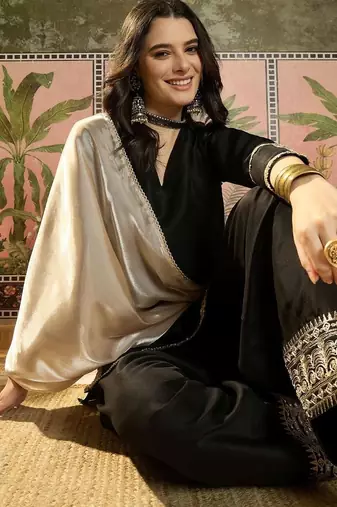 women cotton embroidered straight kurta and farshi salwar with dupatta set
