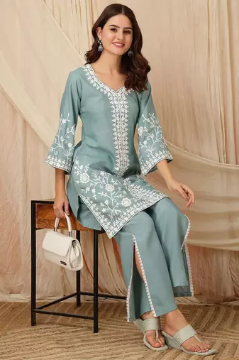 women ethnic motifs embroidered regular thread work kurta with palazzos