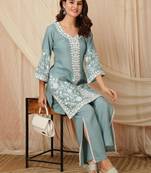 women ethnic motifs embroidered regular thread work kurta with palazzos