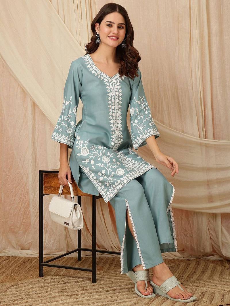 women ethnic motifs embroidered regular thread work kurta with palazzos