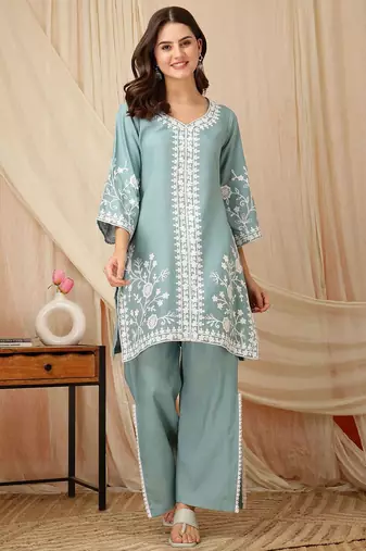 women ethnic motifs embroidered regular thread work kurta with palazzos