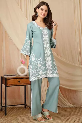 women ethnic motifs embroidered regular thread work kurta with palazzos