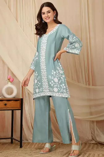 women ethnic motifs embroidered regular thread work kurta with palazzos