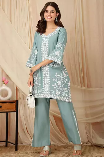 women ethnic motifs embroidered regular thread work kurta with palazzos