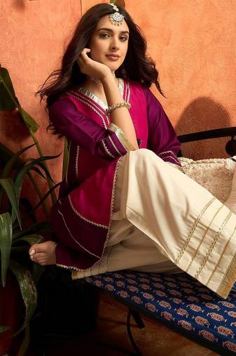 women silk blend  gota patti work high-low kurti with farshi salwar