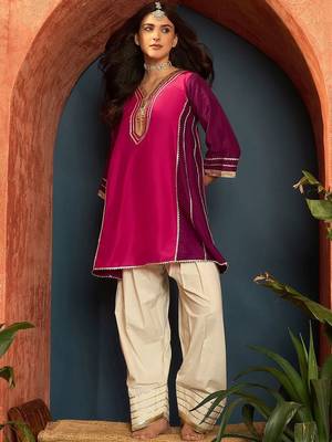 women silk blend  gota patti work high-low kurti with farshi salwar 2