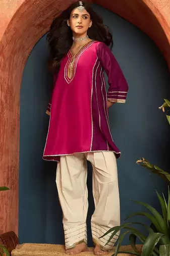 women silk blend  gota patti work high-low kurti with farshi salwar