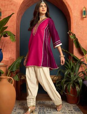 women silk blend  gota patti work high-low kurti with farshi salwar 3