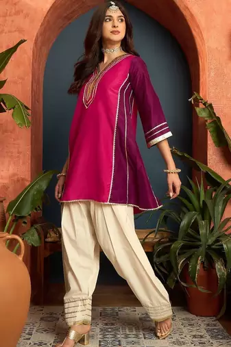 women silk blend  gota patti work high-low kurti with farshi salwar