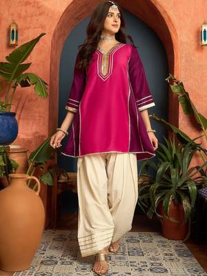 women silk blend  gota patti work high-low kurti with farshi salwar 4