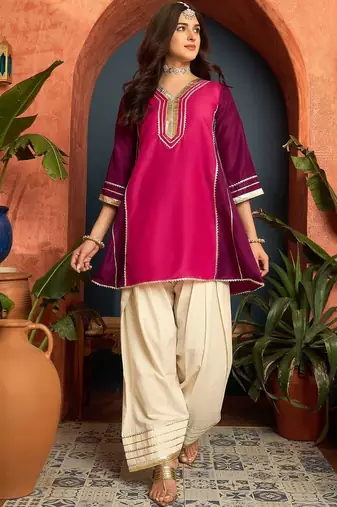 women silk blend  gota patti work high-low kurti with farshi salwar