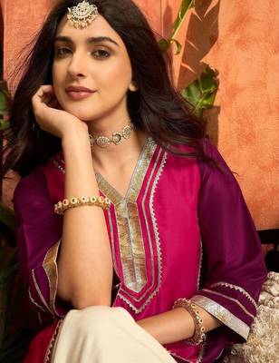 women silk blend  gota patti work high-low kurti with farshi salwar 5