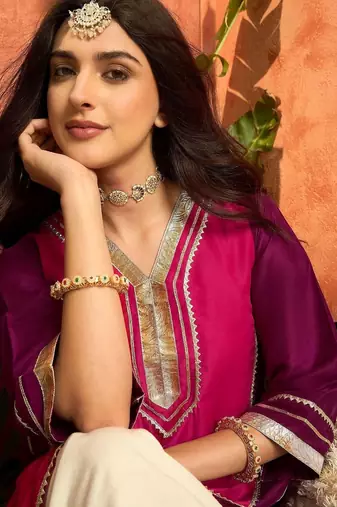 women silk blend  gota patti work high-low kurti with farshi salwar