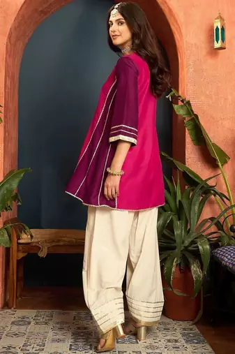 women silk blend  gota patti work high-low kurti with farshi salwar