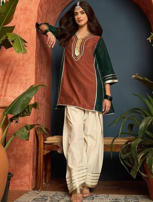 women silk blend  gota patti work high-low kurti with farshi salwar 1