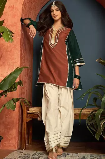women silk blend  gota patti work high-low kurti with farshi salwar